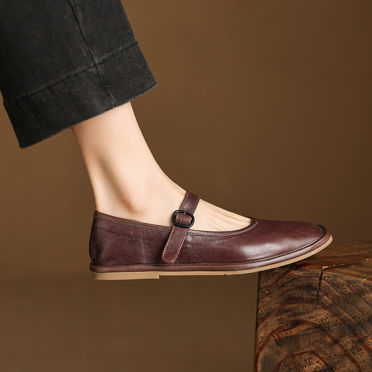 Korean Style Women's Flat Shoes Low Chunky Heel Round Toe Buckle Strap