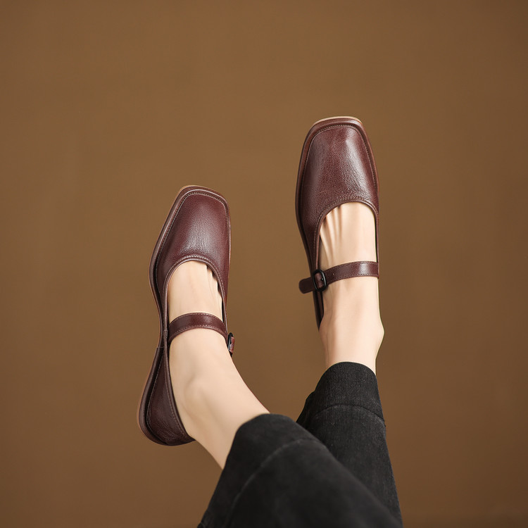 Korean Style Women's Flat Shoes Low Chunky Heel Round Toe Buckle Strap - Image 2