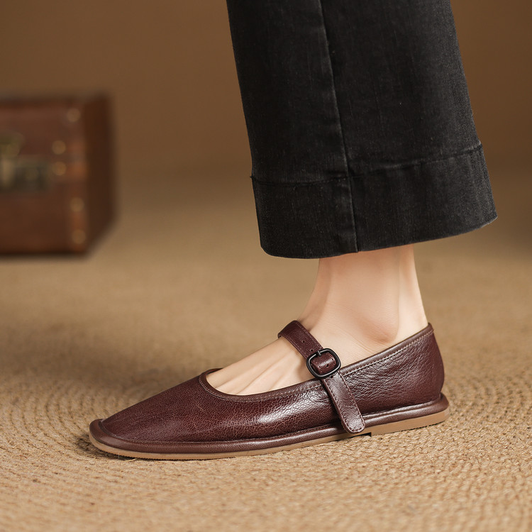 Korean Style Women's Flat Shoes Low Chunky Heel Round Toe Buckle Strap - Image 3
