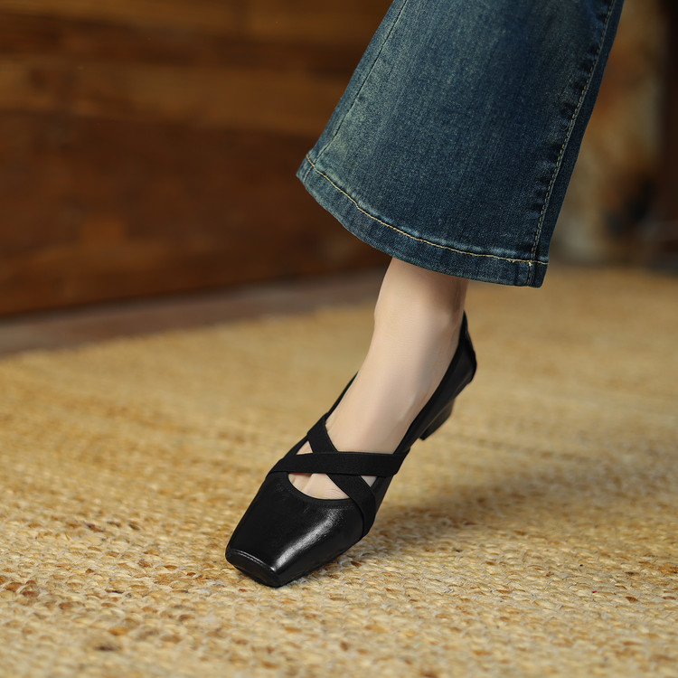 Korean Style Women's Flat Shoes Soft Leather Square Toe Slip-On - Image 2