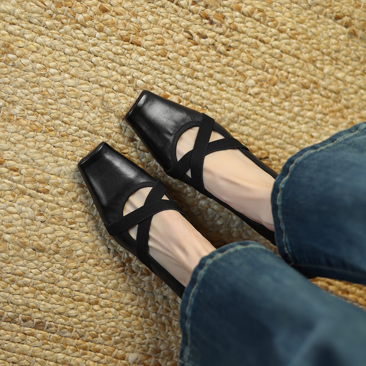 Korean Style Women's Flat Shoes Soft Leather Square Toe Slip-On - Image 4