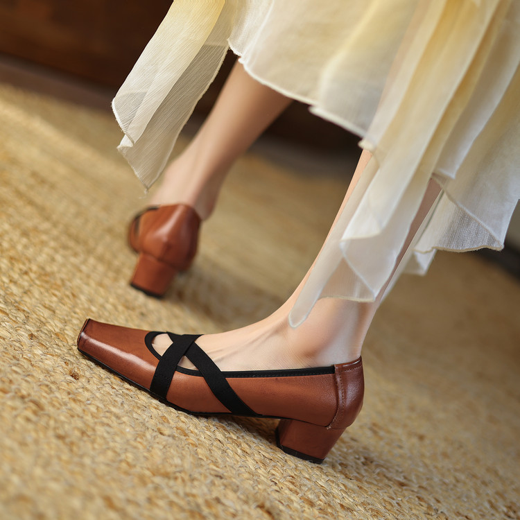 Korean Style Women's Flat Shoes Soft Leather Square Toe Slip-On - Image 5