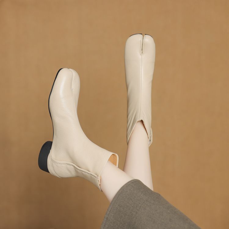 Women's Commute Ankle Boots Sheepskin Leather Mid Chunky Heel Round Toe - Image 3