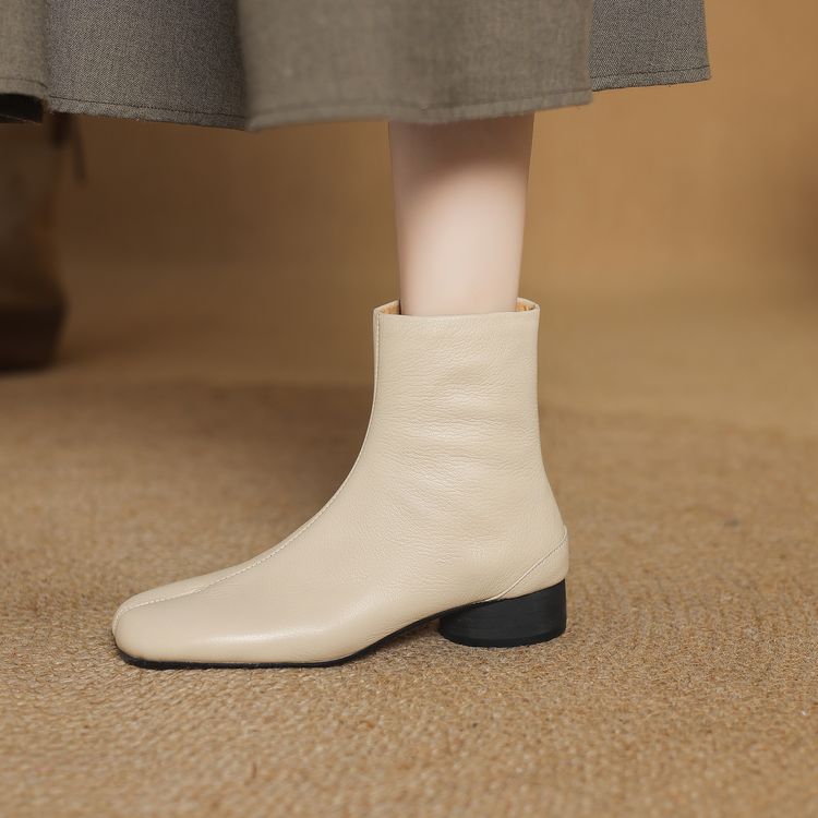 Women's Commute Ankle Boots Sheepskin Leather Mid Chunky Heel Round Toe - Image 4