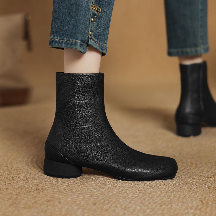 Women's Commute Ankle Boots Sheepskin Leather Mid Chunky Heel Round Toe - Image 5