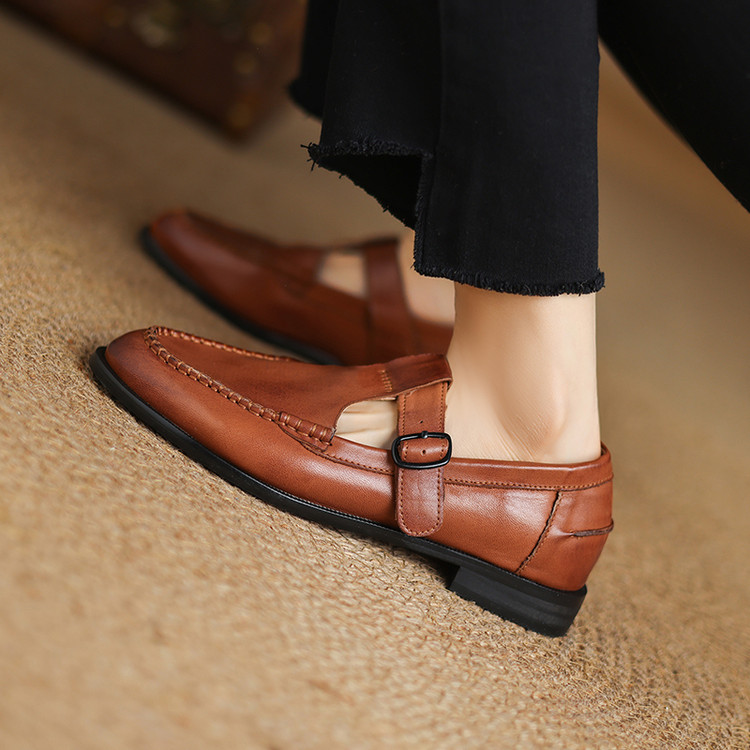 Women's Fashion Flat Shoes Low Heel Round Toe T-Strap - Style i.html