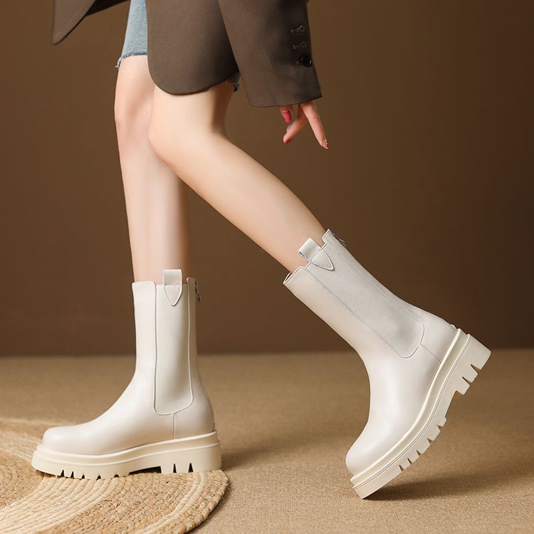 Women's Genuine Leather Knight Boots Winter Round Toe Platform Mid Heel Short Boots - Image 2