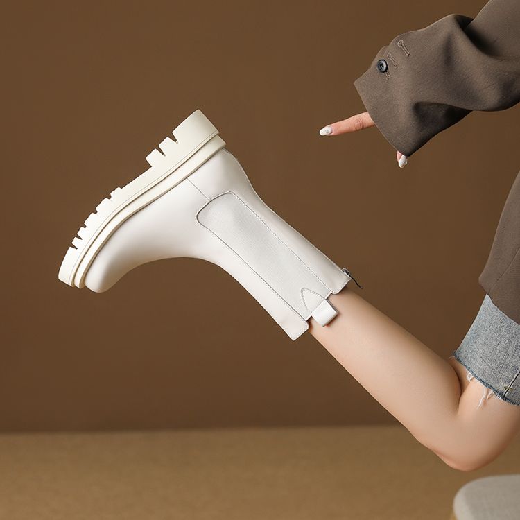 Women's Genuine Leather Knight Boots Winter Round Toe Platform Mid Heel Short Boots - Image 3