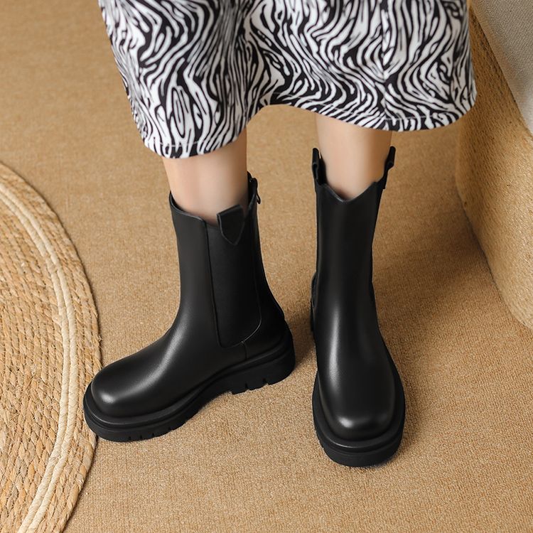 Women's Genuine Leather Knight Boots Winter Round Toe Platform Mid Heel Short Boots - Image 5