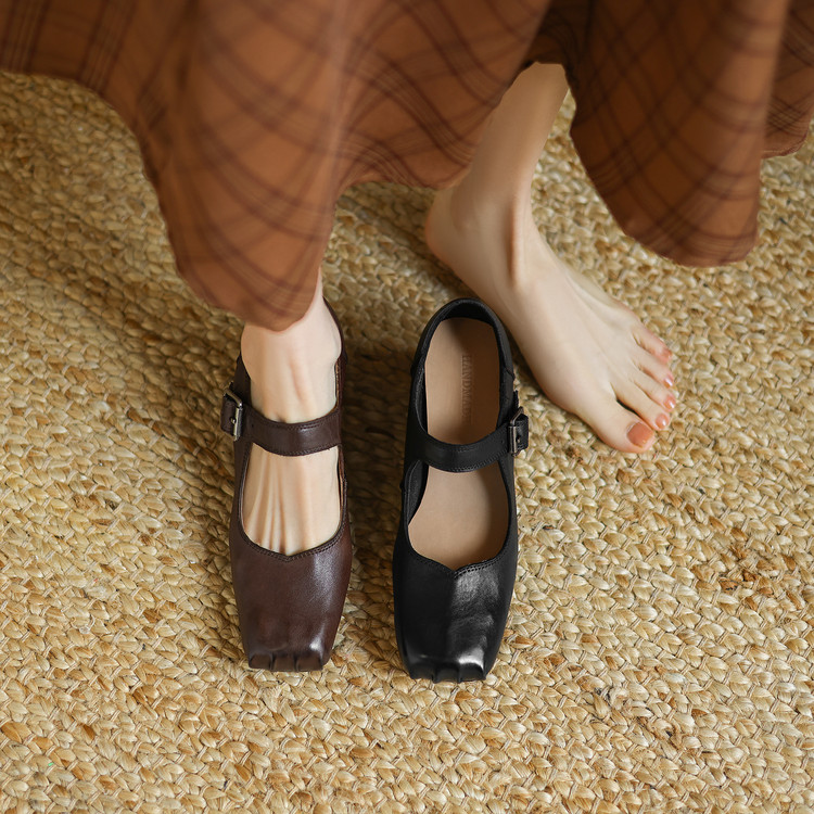 Women's Korean Style Square Toe Low-Cut Flat Shoes with Buckle Strap - Image 3