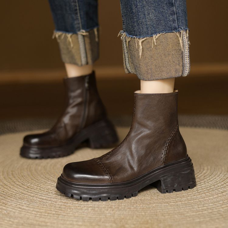 Women's Leather Ankle Boots with Chunky Mid Heel and Side Zipper