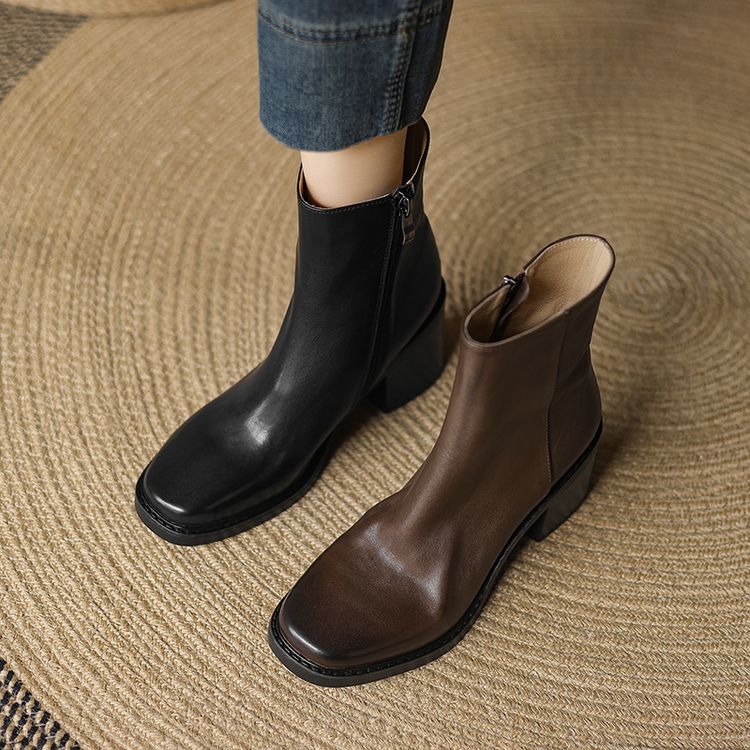 Women's Leather High Heel Ankle Boots with Side Zipper