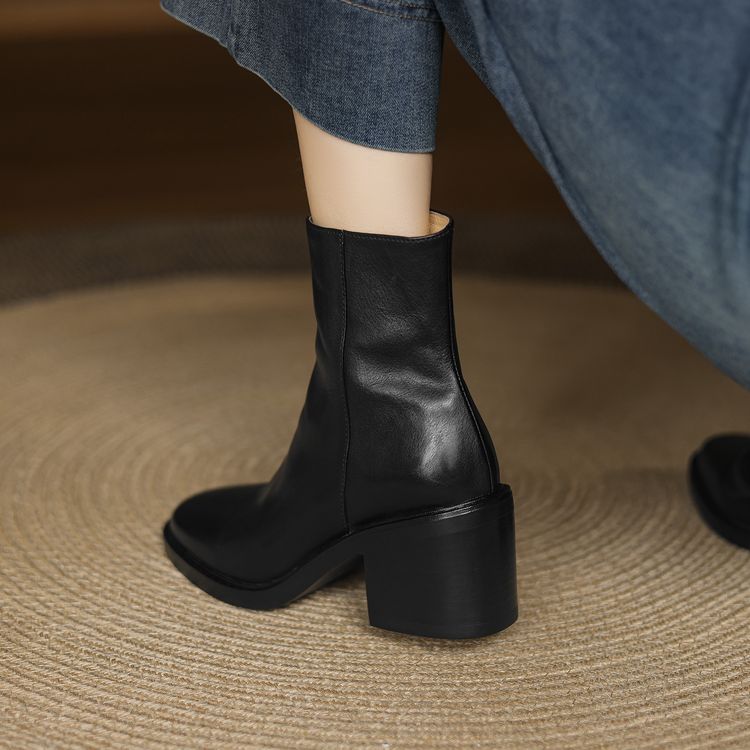 Women's Leather High Heel Ankle Boots with Side Zipper - Image 2
