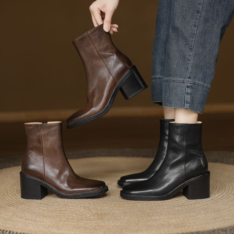 Women's Leather High Heel Ankle Boots with Side Zipper - Image 3