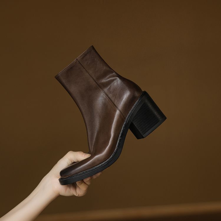 Women's Leather High Heel Ankle Boots with Side Zipper - Image 4