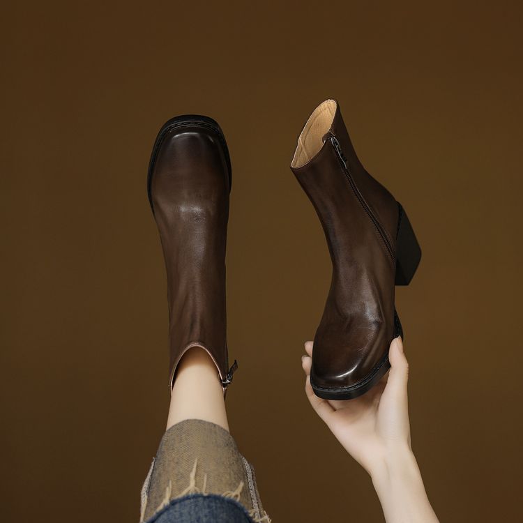 Women's Leather High Heel Ankle Boots with Side Zipper - Image 5