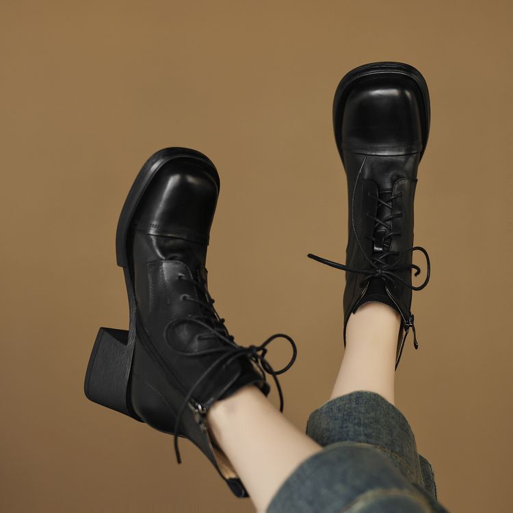 Women's Retro Leather Riding Boots with Side Zipper and Chunky Mid Heel - Image 5